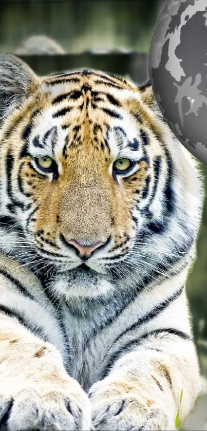 Majestic tiger laying with abstract moon above.