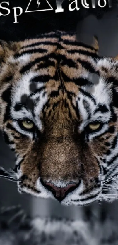 Majestic tiger face with intense eyes on a dark background.