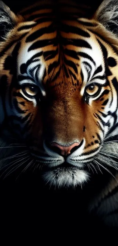 Majestic tiger face in a dark, artistic mobile wallpaper.