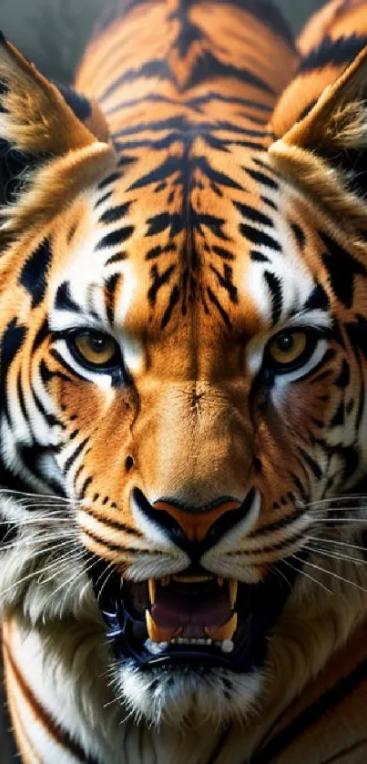 Fierce tiger with orange and black stripes on mobile wallpaper.