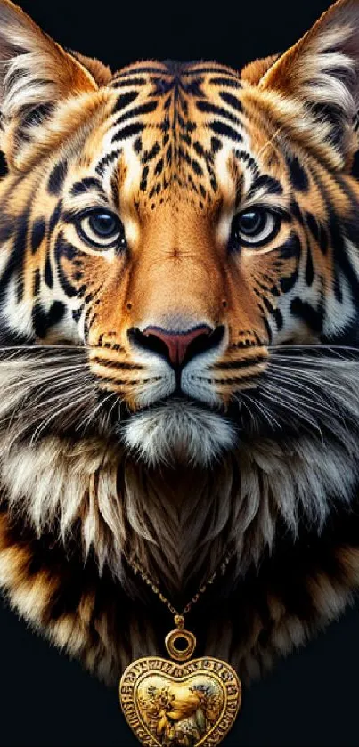 Majestic tiger with intricate details on black background as a phone wallpaper.