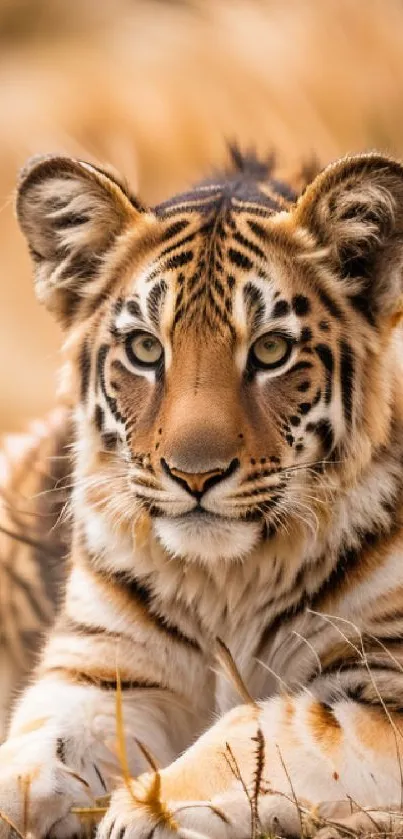 Vibrant tiger lying down on a natural background.