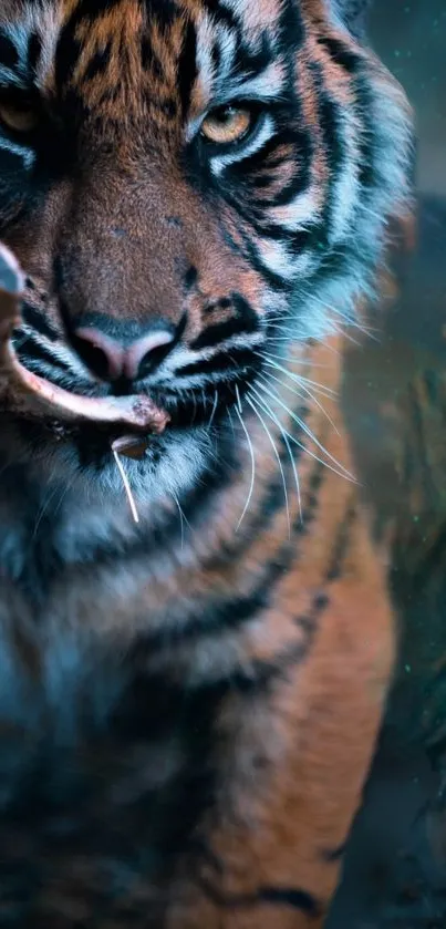 Close-up of a majestic tiger in a dreamy forest setting.