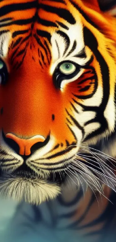 Close-up of a majestic tiger with intense gaze and vibrant colors as phone wallpaper.