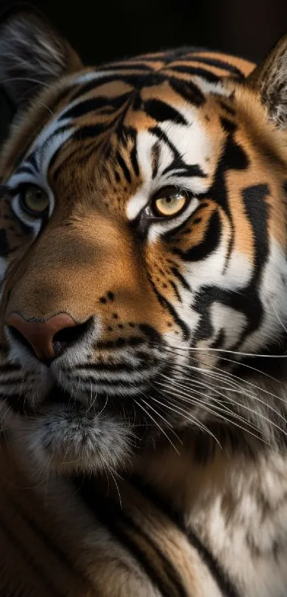 Close-up of a majestic tiger showcasing intricate details of its face.