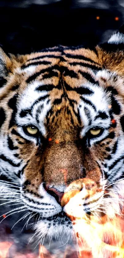 A fierce tiger staring intensely in a stunning mobile wallpaper.