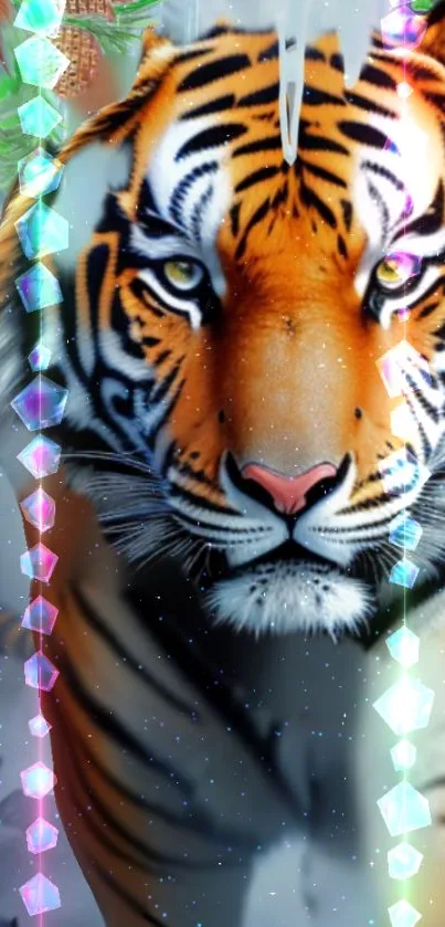 A majestic tiger surrounded by vibrant colors and glowing crystals.