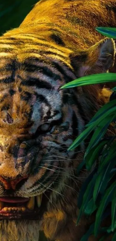 Fierce tiger peering through jungle leaves in vibrant mobile wallpaper.