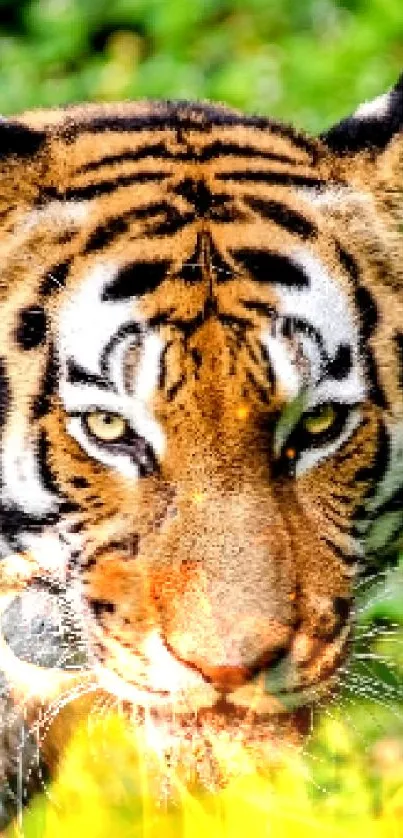 Vibrant tiger wallpaper for mobile with green jungle background.