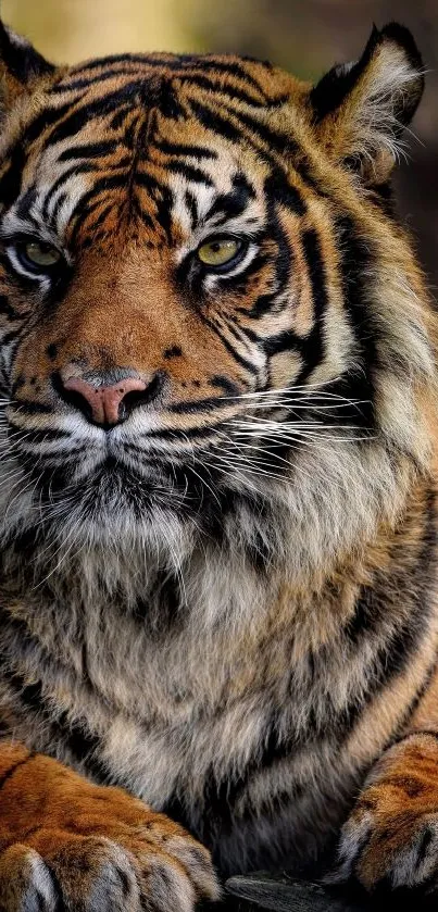 Close-up of a majestic tiger resting with vivid orange and black stripes.