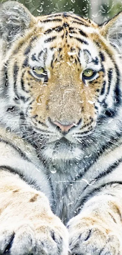 Majestic Bengal tiger behind rain-soaked glass wallpaper.