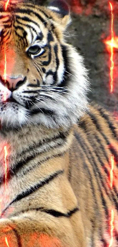 Majestic tiger resting against stone backdrop in vivid detail.