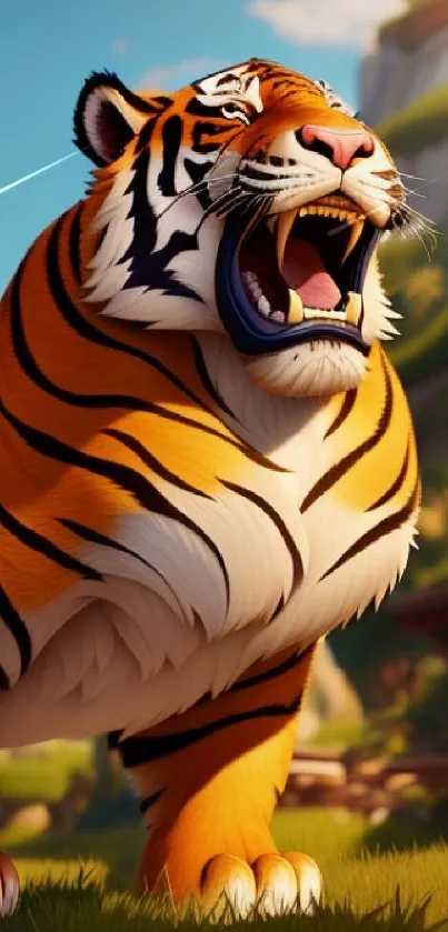 Vivid roaring tiger in nature mobile wallpaper.