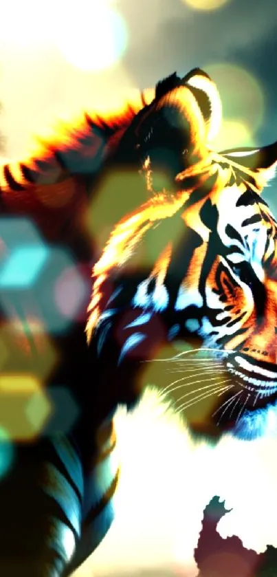 Majestic tiger in a vibrant landscape wallpaper.