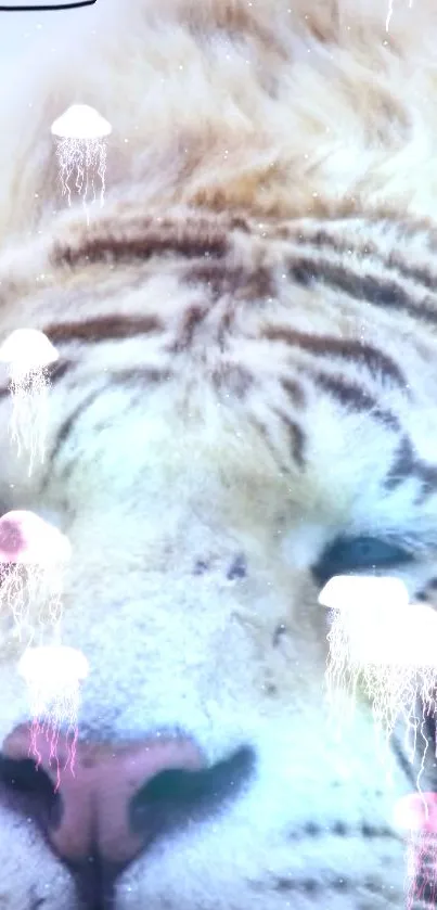 Majestic tiger with jellyfish in ethereal lighting, perfect for mobile wallpaper.