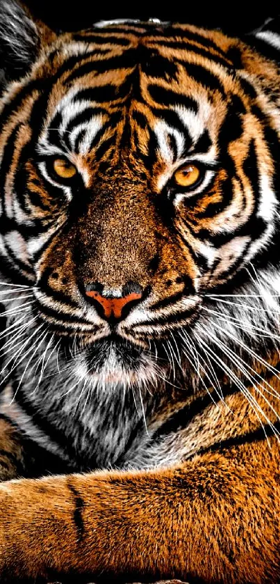 Close-up of a majestic tiger with striking orange and black stripes.