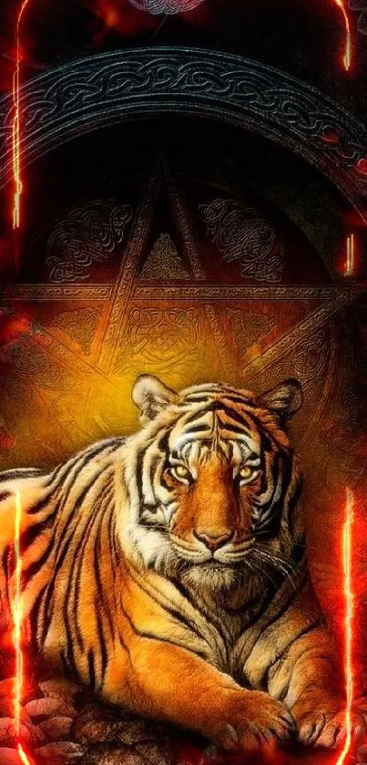 Majestic tiger with a mystical background in vivid orange and red hues.