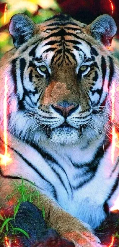 Majestic tiger resting in jungle for mobile wallpaper.