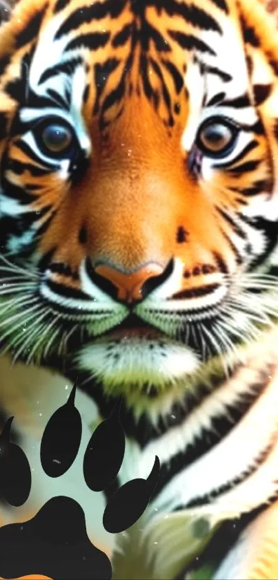 Close-up of a vibrant tiger with a paw print design on a mobile wallpaper.