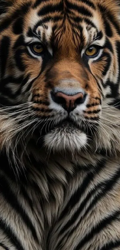 Close-up of a majestic tiger's face with vibrant orange and black stripes.