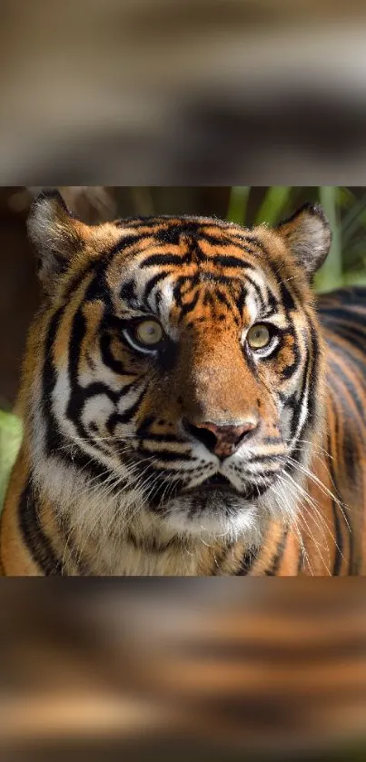 Close-up of a majestic tiger with vivid orange and black stripes.