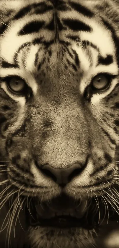 Close-up view of a majestic tiger staring intensely, set in sepia tones.