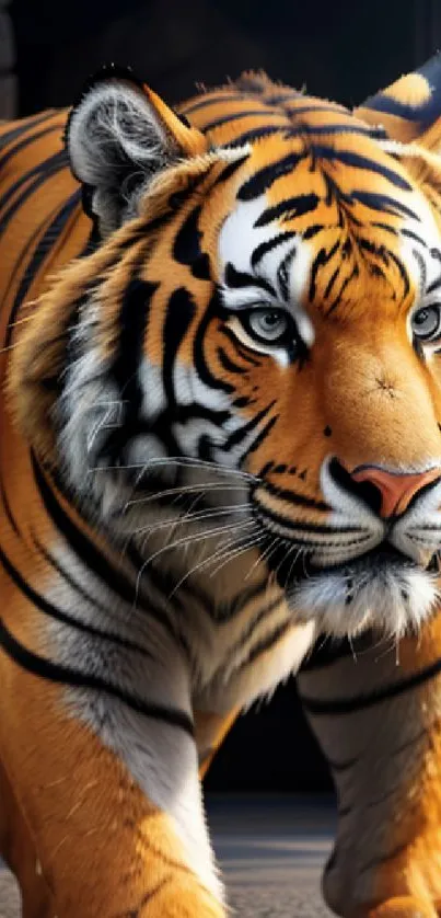 Majestic tiger with vibrant orange and black stripes in a natural setting.