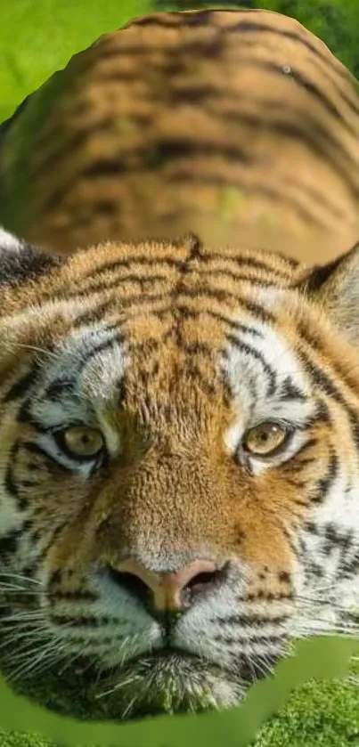 Majestic tiger in lush green surroundings, close-up view.