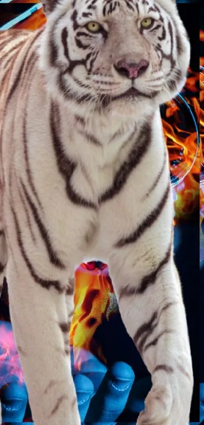 White tiger with vibrant flames in artistic mobile wallpaper.