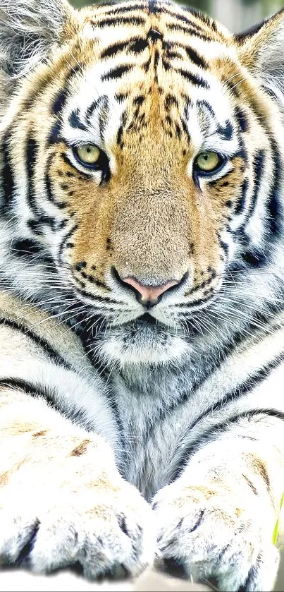 Close-up of a majestic tiger with intense gaze, perfect for mobile wallpaper.