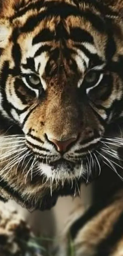 A close-up of a majestic tiger with intense gaze and striped fur.