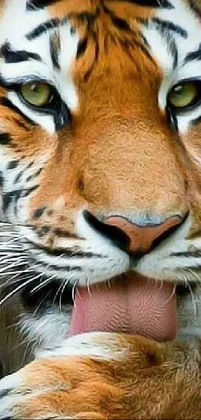 Close-up of a majestic tiger licking its paw in vibrant detail.