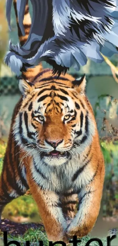 Majestic tiger prowling through lush forest in vivid mobile wallpaper.