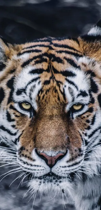 Majestic tiger with bold stripes and piercing gaze on mobile wallpaper.