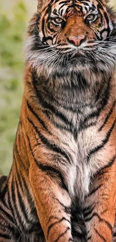 Majestic tiger with vibrant orange fur in lush green background.