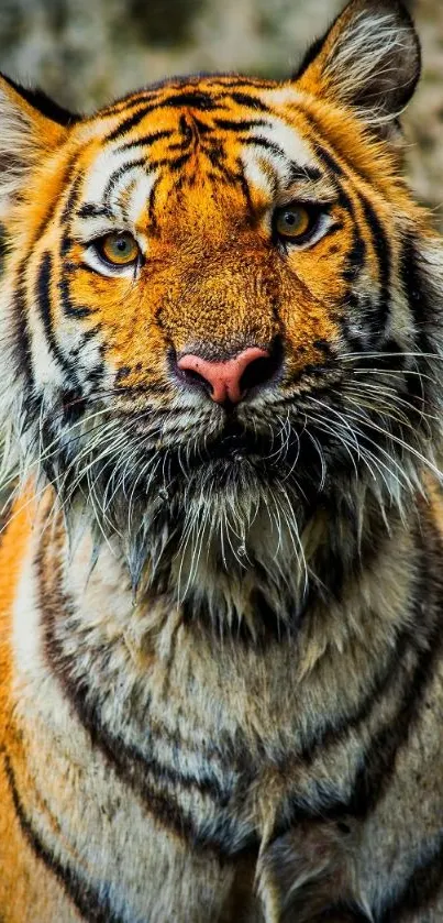 Majestic tiger with orange stripes in nature setting.