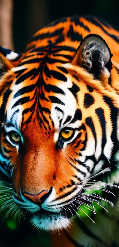 Majestic tiger with vibrant stripes in lush greenery, perfect for mobile wallpaper.