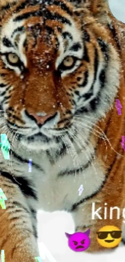 Majestic tiger in snow with emojis on mobile wallpaper.