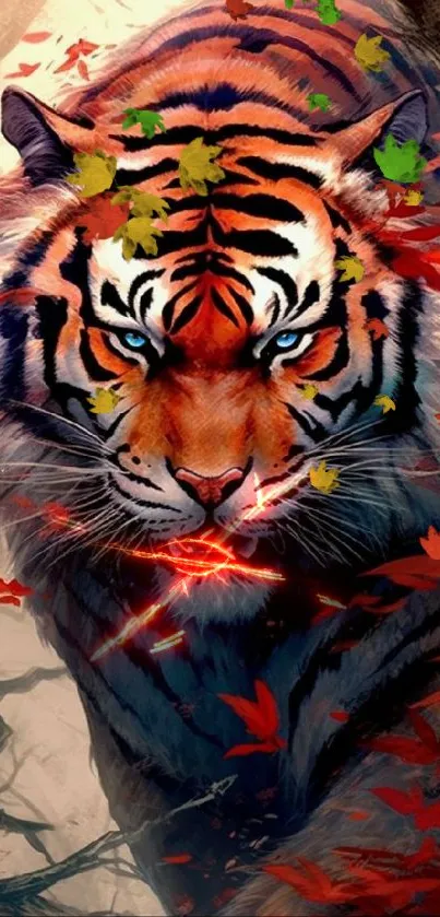 Majestic tiger with red leaves in vibrant mobile wallpaper.