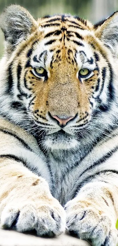 Majestic tiger resting on stone in vibrant nature setting.