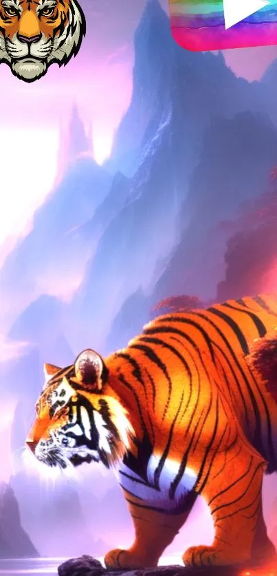 A majestic tiger in a colorful fantasy mountain landscape.