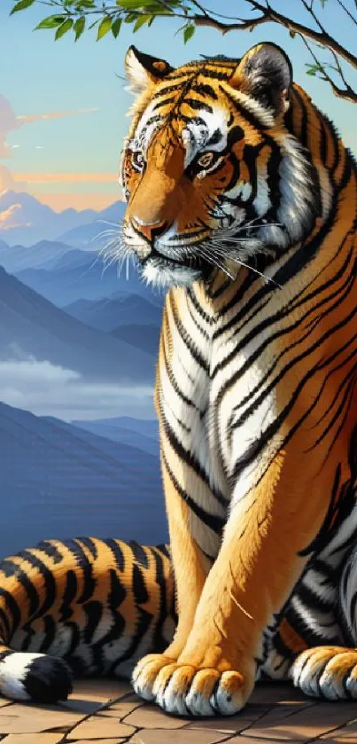 A majestic tiger sits against a scenic mountain backdrop.