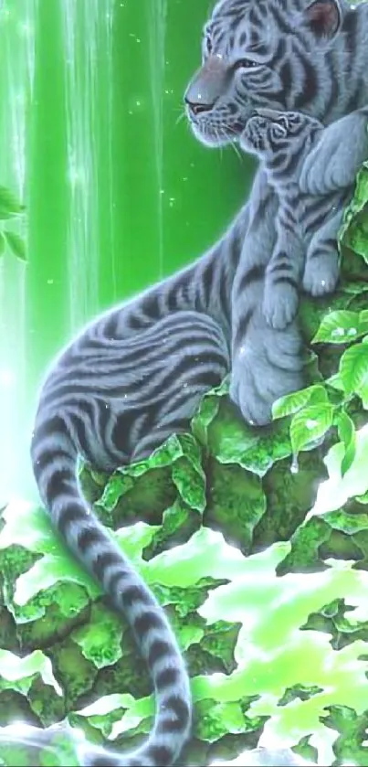 Majestic tiger resting on rocks in a lush green forest with waterfall.