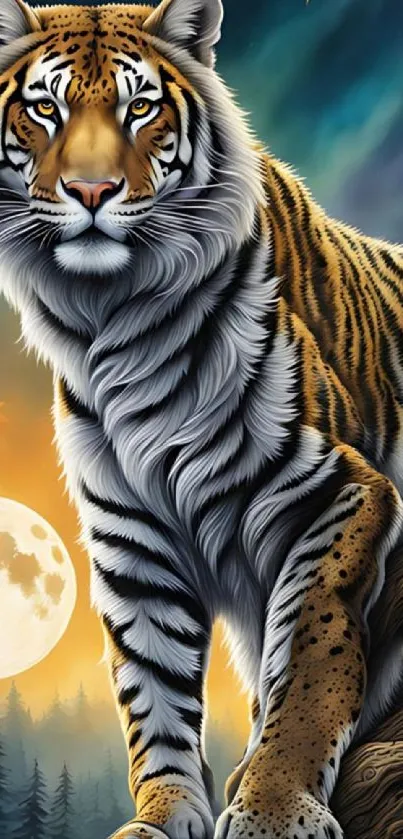 Majestic tiger resting on a tree under a moonlit forest sky.