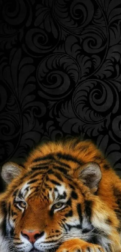 Majestic tiger with dark floral background, perfect for mobile screens.