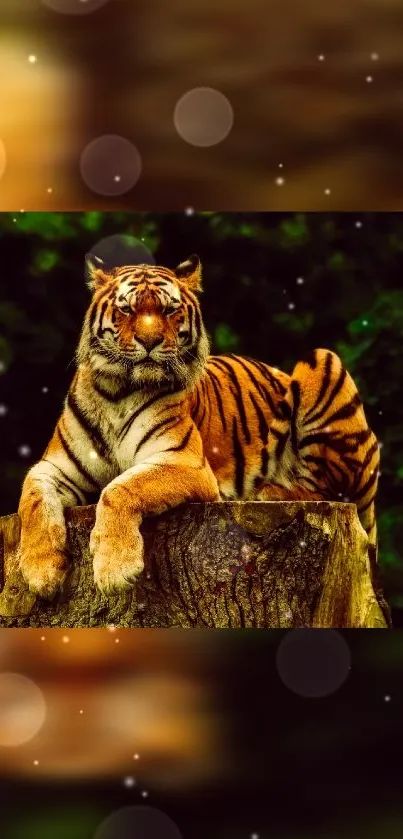 Majestic tiger rests on a log in lush forest.