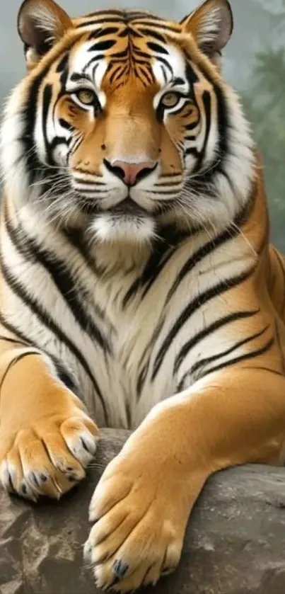 Majestic tiger resting on a rock with vivid stripes.