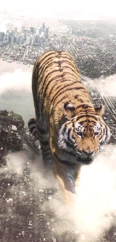 Tiger walking above a cloudy cityscape, creating a surreal experience.