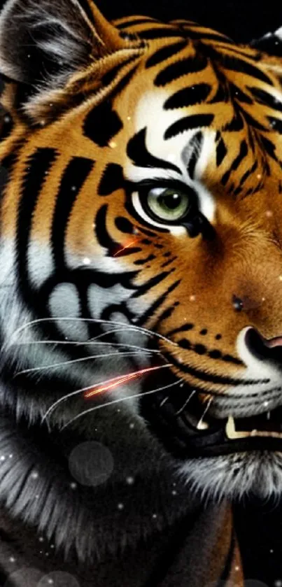 Close-up of a realistic tiger on a phone wallpaper with striking colors and details.
