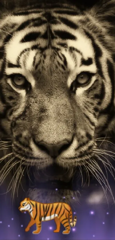 Mobile wallpaper with a majestic tiger and a mystical background.